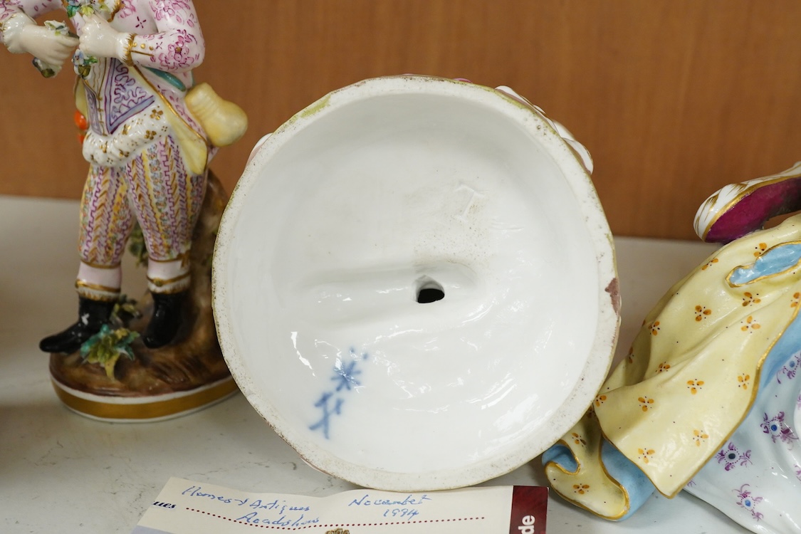 A Meissen style porcelain musical group, a figurine of a lady holding grapes and a two Derby figures of Summer and Autumn, c.1810-30, largest 24cm high